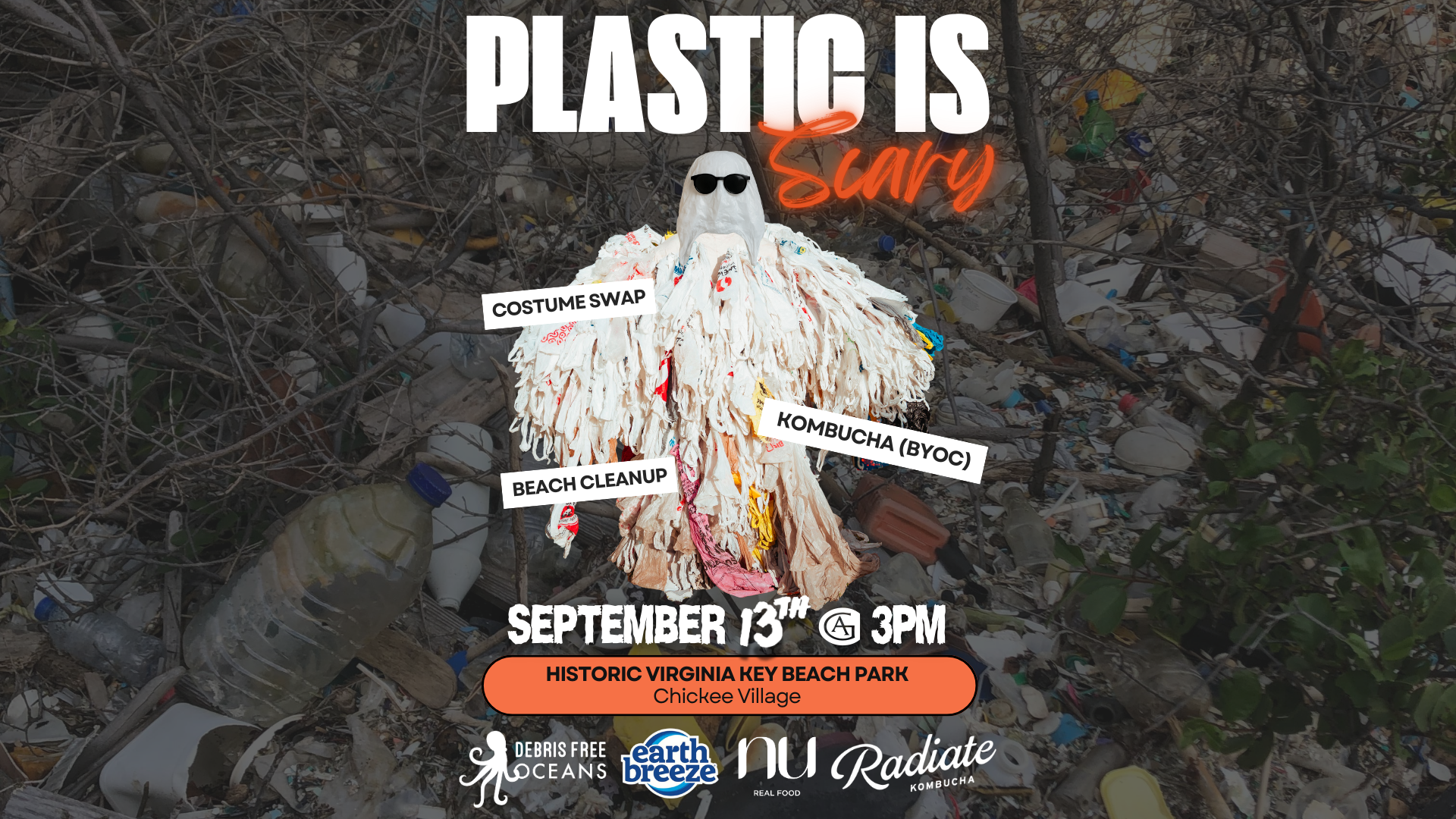 Plastic Is Scary Costumes, Beach Cleanup, and Kombucha Flyer