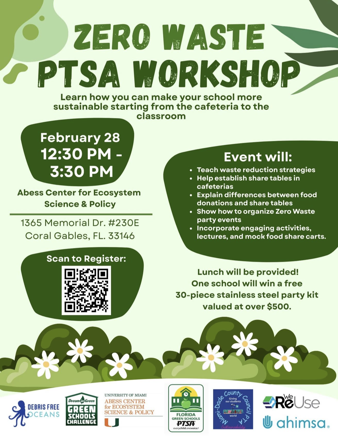 Florida Green Schools Parent Teacher Student Association (PTSA) Zero Waste Workshop on February 28, 2026 from 12:30 PM - 3:30 PM at University of Miami's Abess Center for Ecosystem Science & Policy.